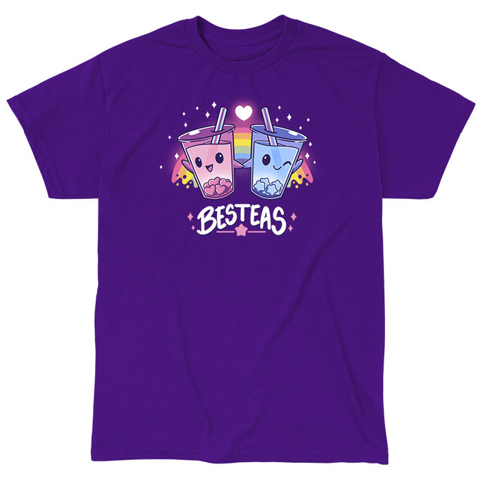 Classic Cotton T-shirt_TeeTurtle purple Besteas apparel featuring two bubble tea cups with happy faces, holding hands, surrounded by stars, with a rainbow in the background. Caption reads, "besteas".