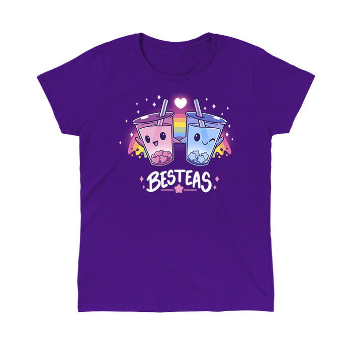 Classic Cotton T-shirt_TeeTurtle purple Besteas apparel featuring two bubble tea cups with happy faces, holding hands, surrounded by stars, with a rainbow in the background. Caption reads, "besteas".