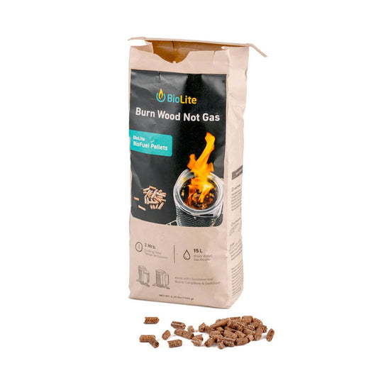 Studio shot on a white background of Biolite premium BioFuel hardwood pellets packaging with a sample of the fuel in front