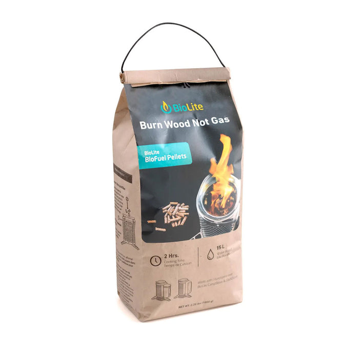 Studio shot on a white background of the front of the packaging for the Biolite premium BioFuel hardwood pellets