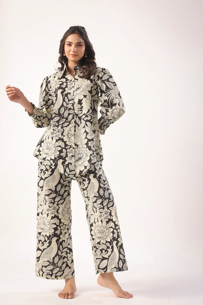 Bird Print on Black Lounge Cotton Co-ord Set