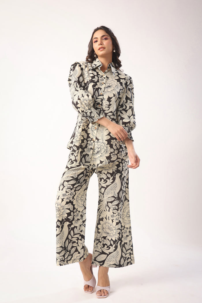 Bird Print on Black Lounge Cotton Co-ord Set