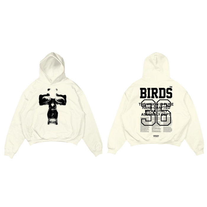 Birds Crossface Cream oversized hoodie, ultra-premium hoodie with crossface design, soft fabric and relaxed fit.