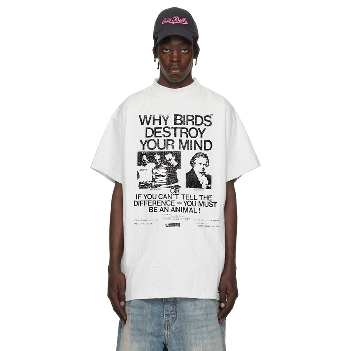 Birds Destroy Minds white oversized ultra-premium box logo T-shirt, casual short-sleeve tee with bold graphic design.