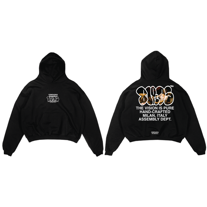 Birds Kiss Of Death onyx oversized hoodie featuring bold graphic design and comfortable fit, perfect for casual wear.