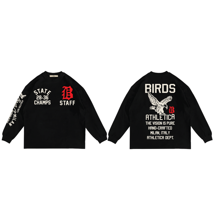 Birds State Champs oversized long sleeve tee in ultra-premium box style with bold graphic design.