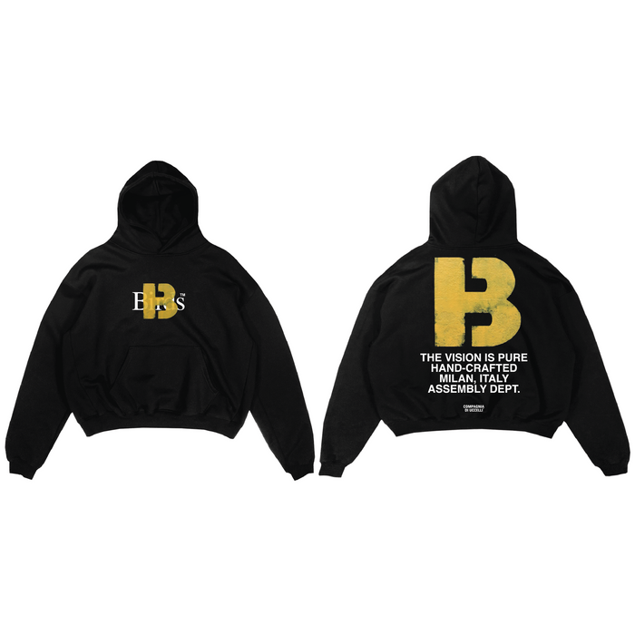 Black oversized hoodie from Birds with Birds 'Stencil B' Onyx design, featuring a relaxed fit and bold graphic print.