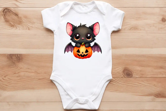 Black bat pup🦇 on a pumpkin 🎃 baby vest🖤🦔 Claxton Creations GB