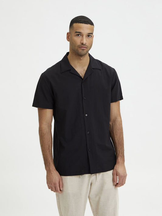 Black Cuban Collar Short Sleeves Shirt