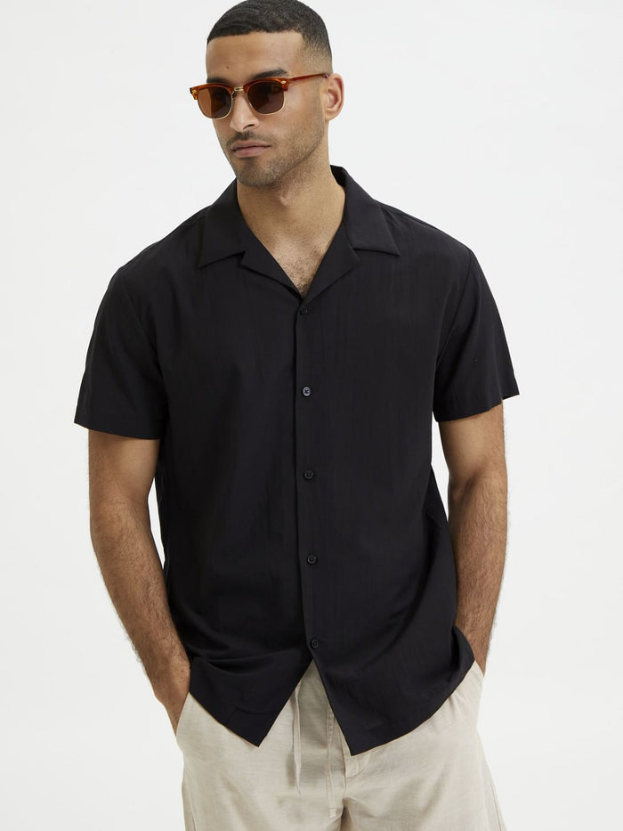 Black Cuban Collar Short Sleeves Shirt