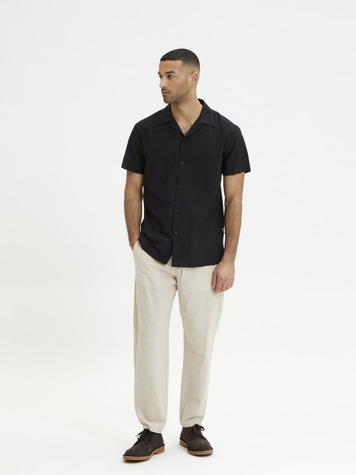 Black Cuban Collar Short Sleeves Shirt