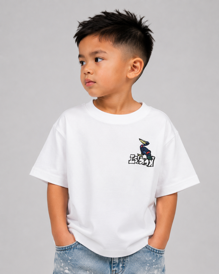 White Black Label KIDS Island T-Shirt for kids, featuring a casual crew neck and graphic print, made from soft cotton fabric.
