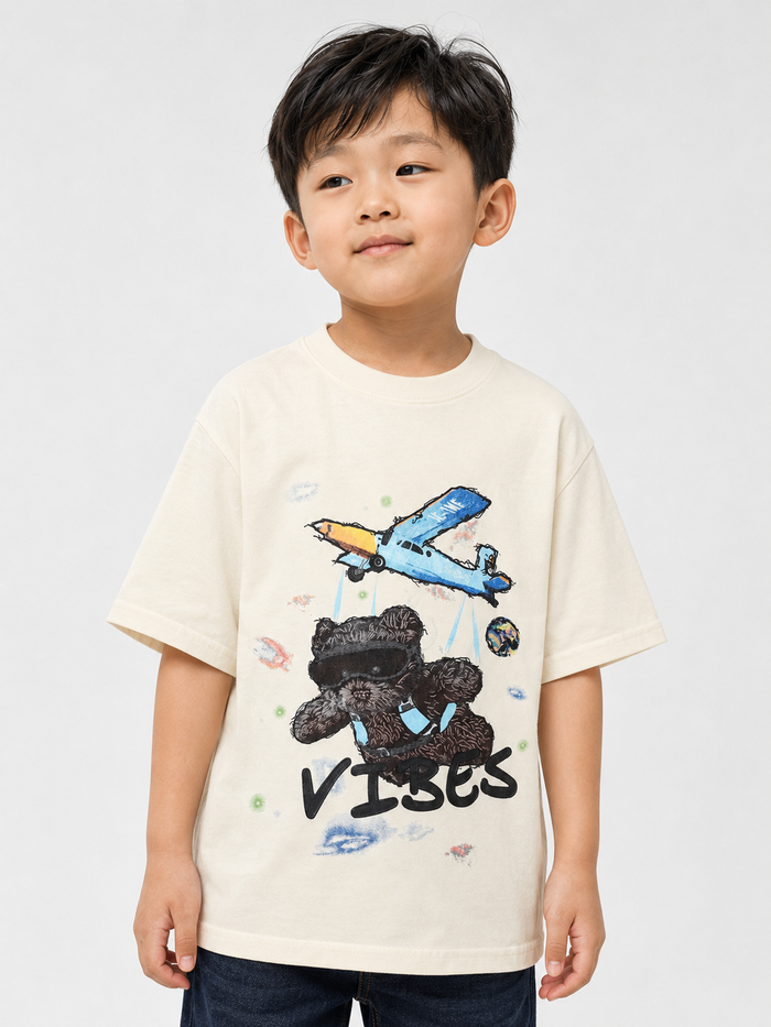 Black Label KIDS Vibes T-shirt for kids, cream color, soft fabric, featuring a stylish Vibes graphic on the front.