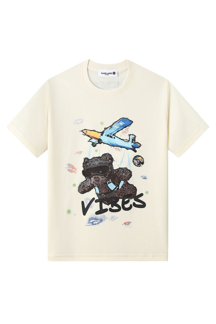Black Label Kids Vibes cream T-shirt for kids with graphic design, casual fit, and comfortable cotton fabric.