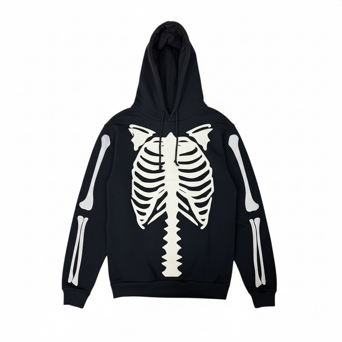 Black Pike Bones Rhinestone Hoodie in black with bone-shaped rhinestone embellishments, casual streetwear hoodie for men and women.