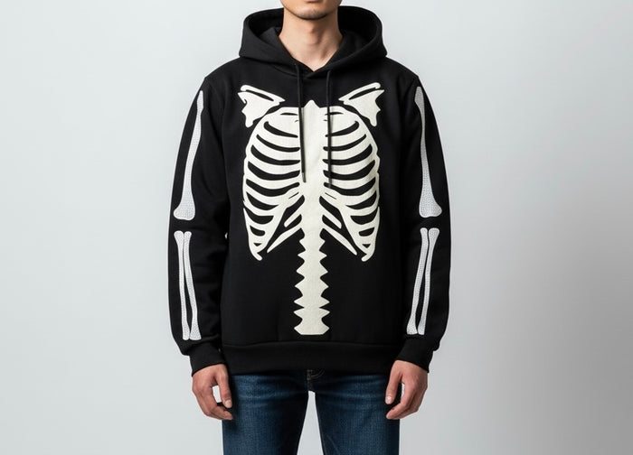 Black Pike Bones rhinestone hoodie in black, featuring a bold skull design, casual fit, and stylish details.