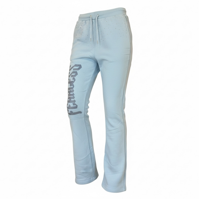 Black Pike Fearless rhinestone stacked sweatpants in light blue with a casual fit and embellished details, shown on a model.