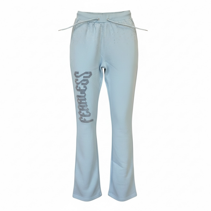 Black Pike Fearless Rhinestone Stacked Sweats in light blue, featuring rhinestone embellishments and a relaxed stacked pant style.