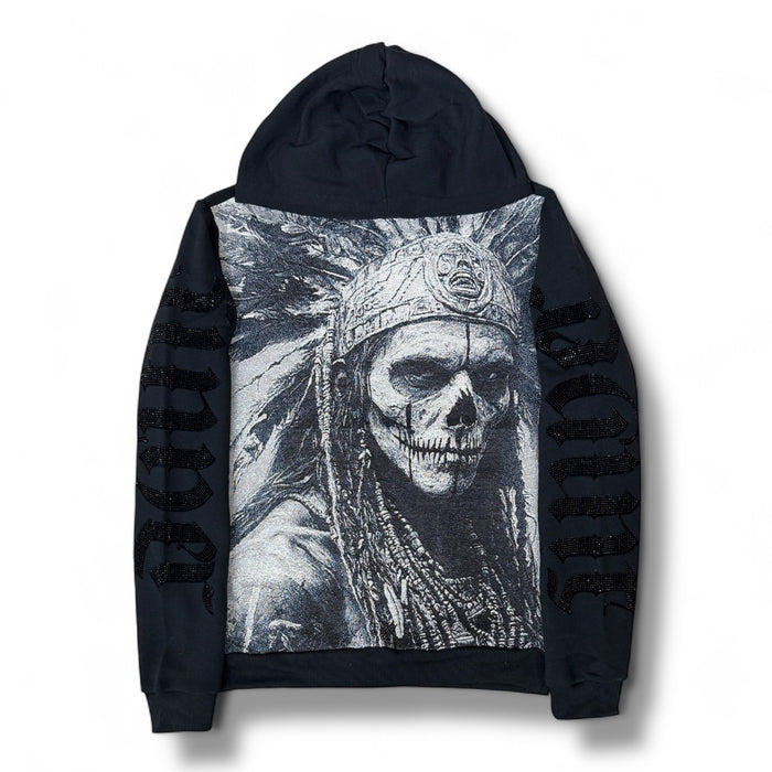 Black Pike Saint Skull tapestry hoodie in black, featuring a detailed skull graphic on the front, casual and stylish hoodie.