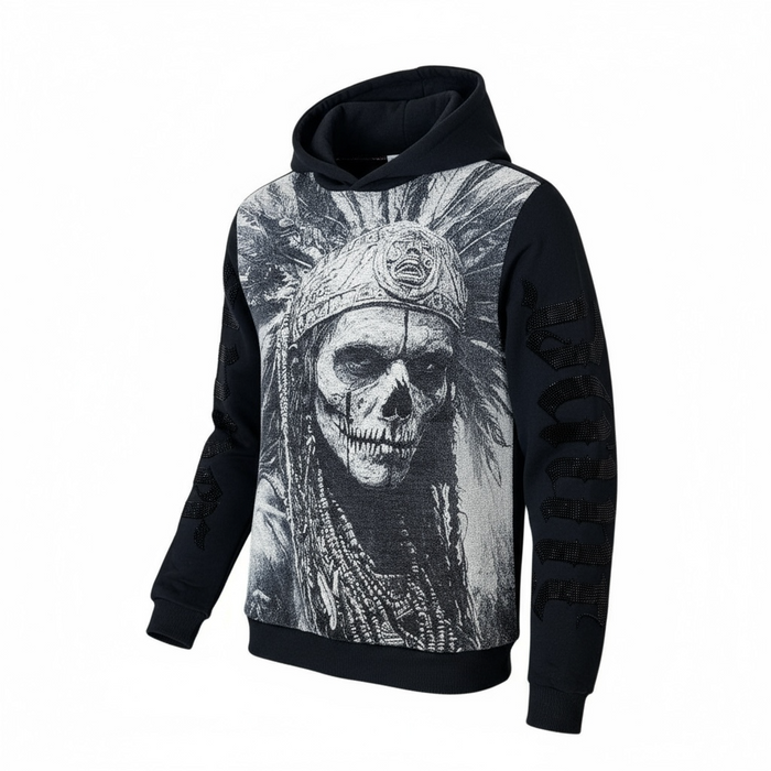Black Pike Saint Skull tapestry hoodie in black, featuring a detailed skull design on the front, casual streetwear style.