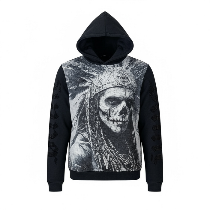 Black Pike Saint Skull tapestry hoodie in black, featuring skull graphic design and comfortable hoodie style.