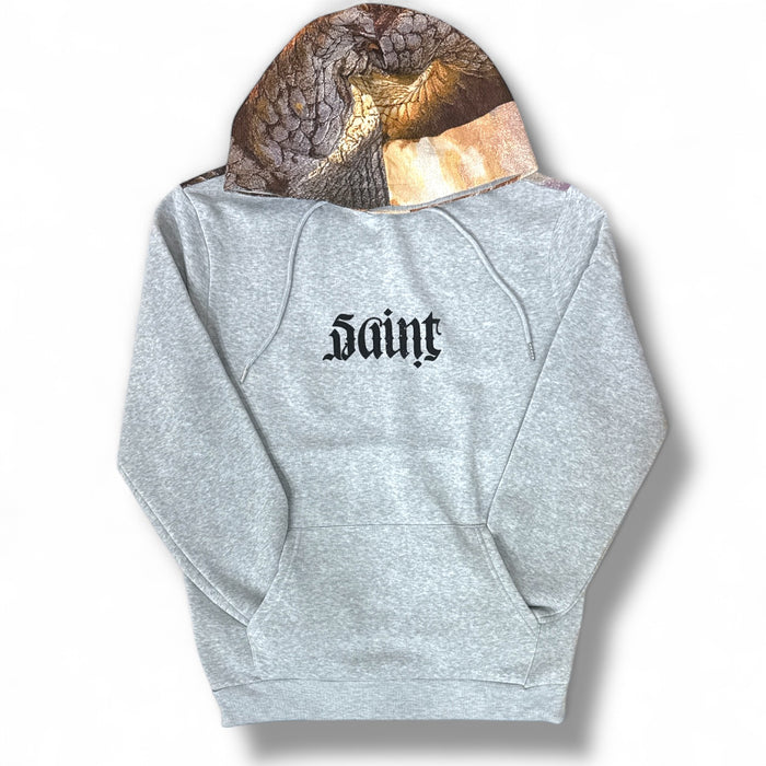Black Pike Saint Snake tapestry hoodie in grey, featuring detailed snake and tribal design on soft fabric.