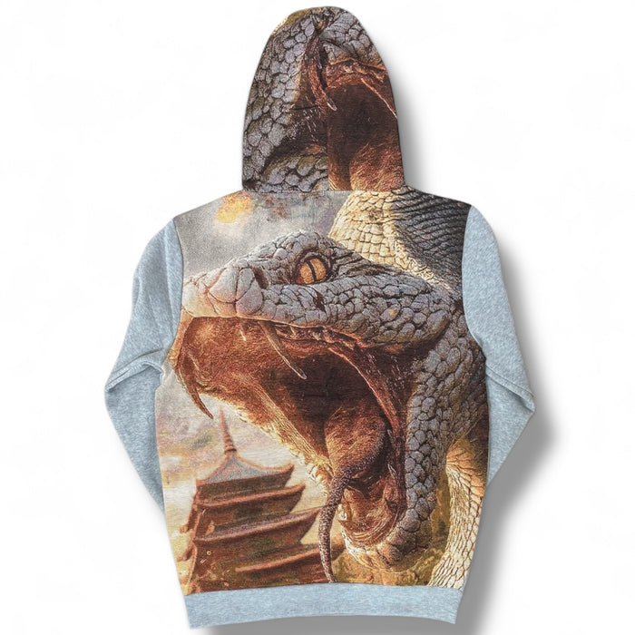 Black Pike Saint Snake tapestry hoodie in grey, featuring detailed snake and tribal design on a comfortable hoodie.