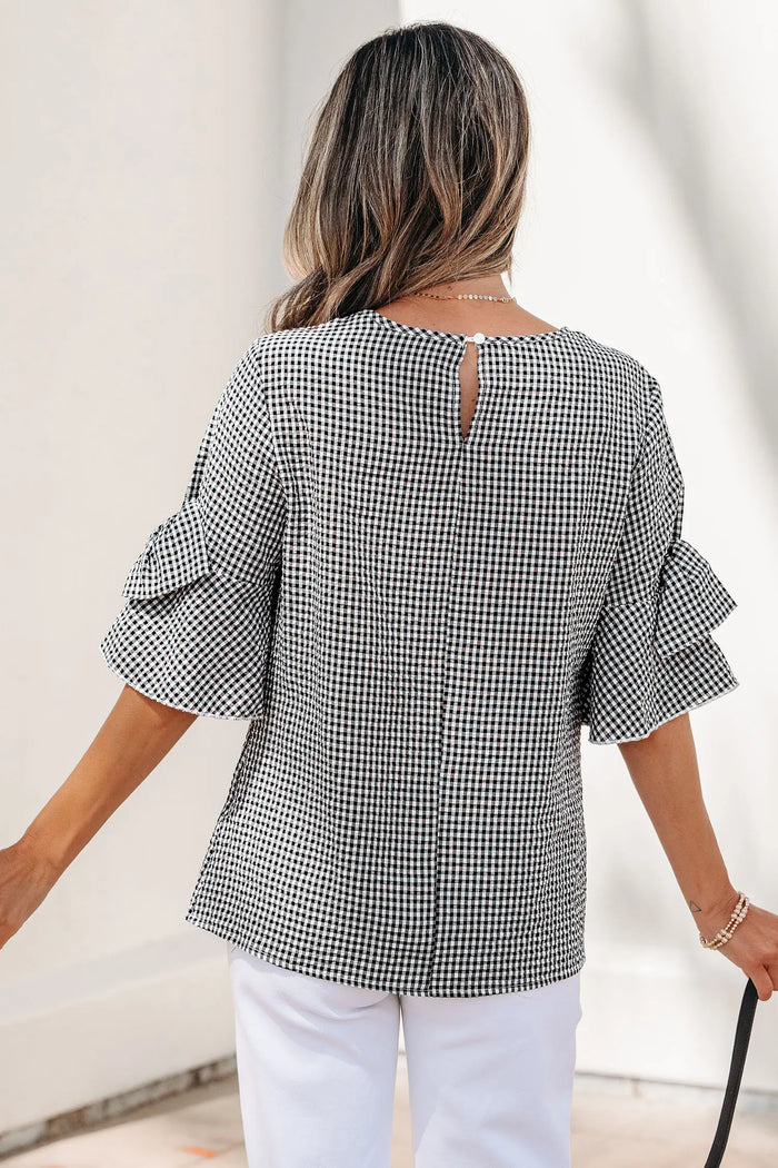 Black Plaid Bow Ruffled Half Sleeve Round Neck Blouse