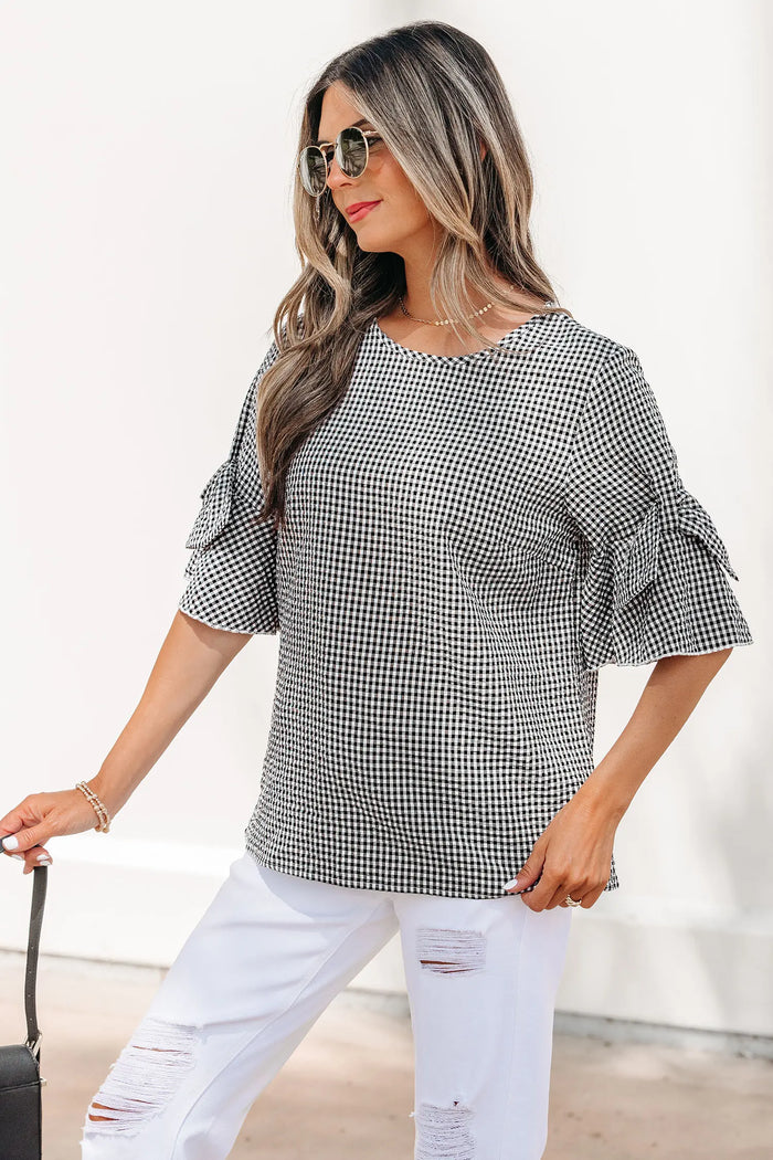 Black Plaid Bow Ruffled Half Sleeve Round Neck Blouse