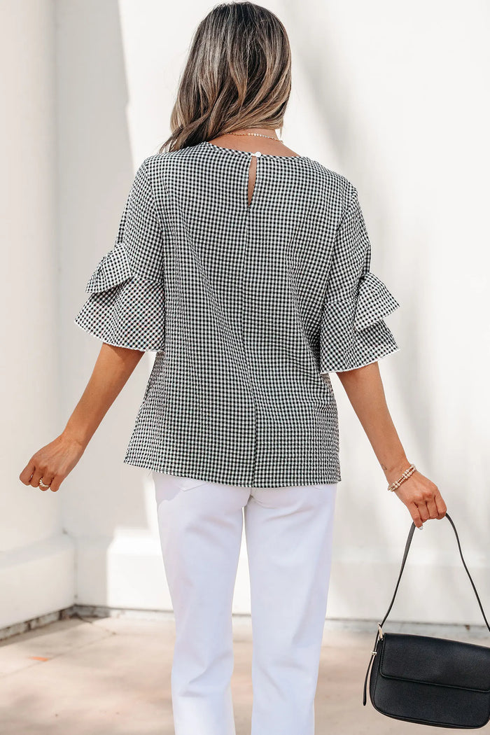 Black Plaid Bow Ruffled Half Sleeve Round Neck Blouse