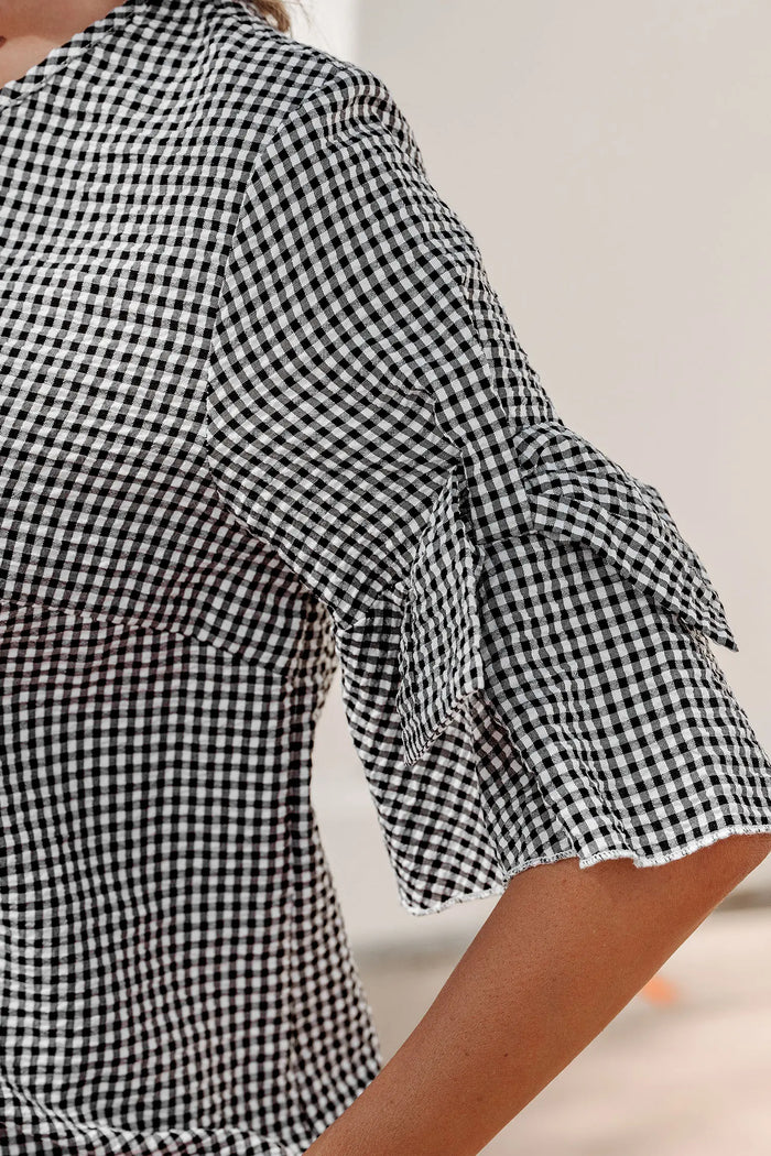 Black Plaid Bow Ruffled Half Sleeve Round Neck Blouse