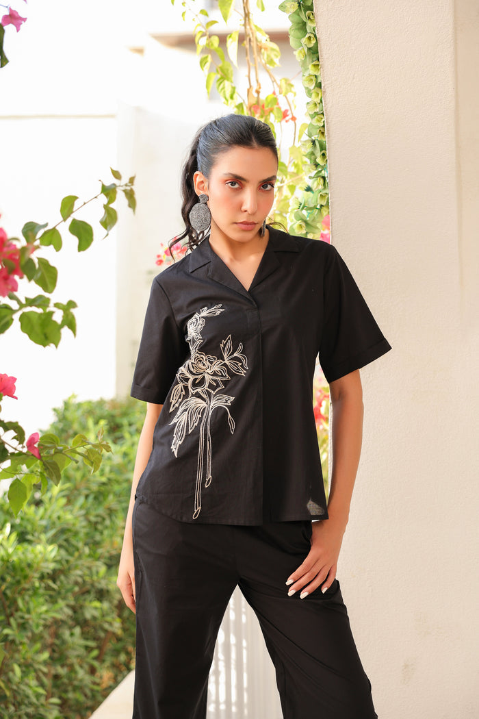 Black Rosette Charm Embroidered Cotton Co-ord Set