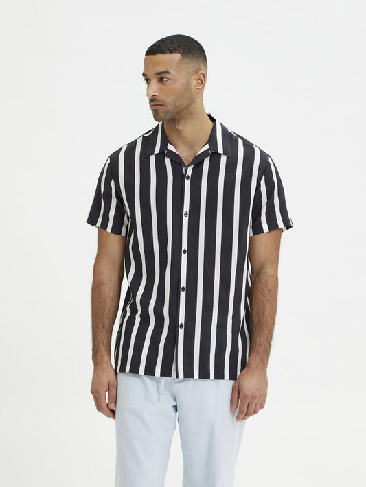 Black Striped Cuban Collar Short Sleeves Shirt