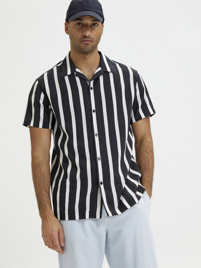 Black Striped Cuban Collar Short Sleeves Shirt