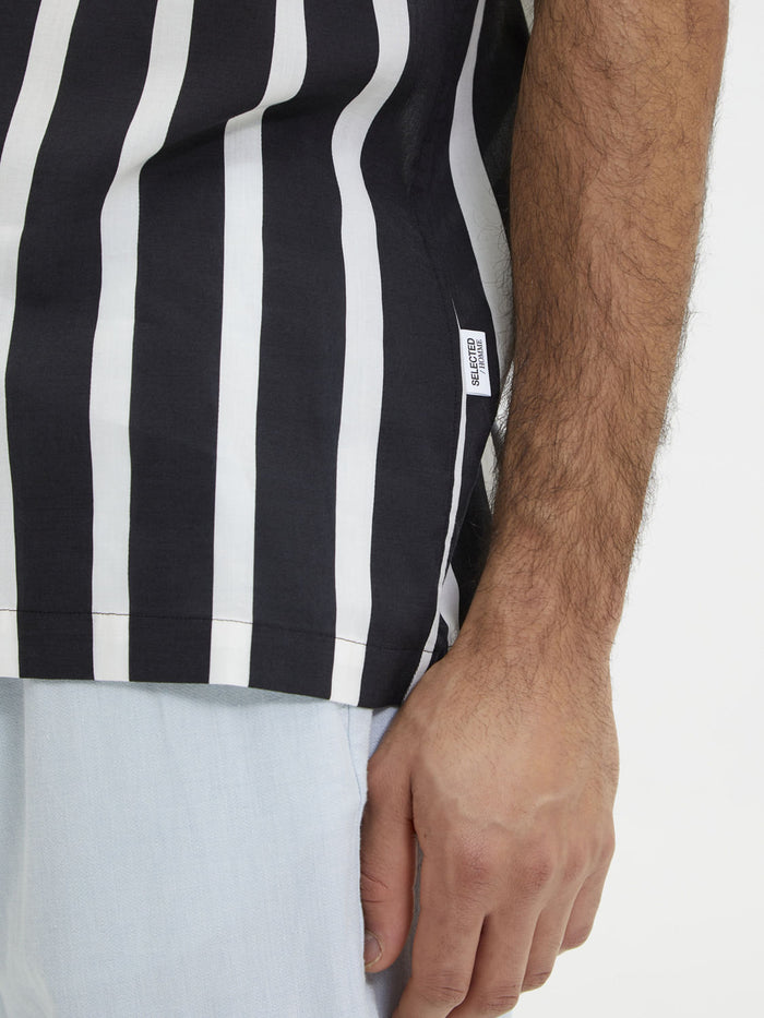 Black Striped Cuban Collar Short Sleeves Shirt