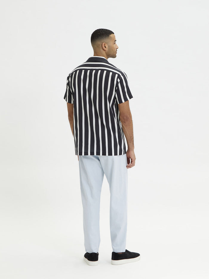 Black Striped Cuban Collar Short Sleeves Shirt