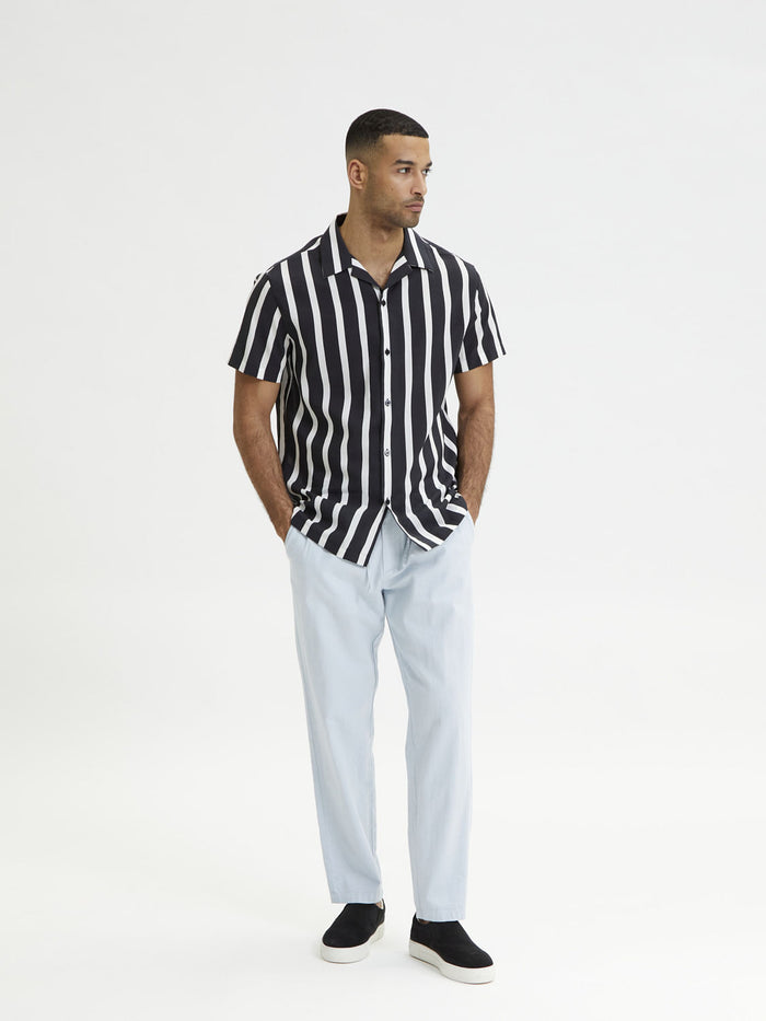 Black Striped Cuban Collar Short Sleeves Shirt