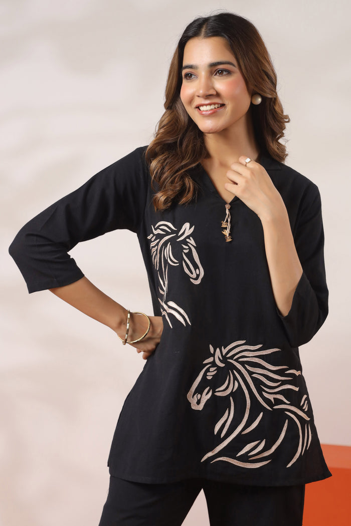 Black with Horse Motif Cotton Flex Co-ord Set