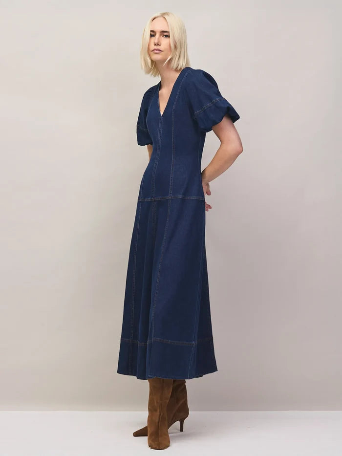 Blue Denim Puff Sleeve Midi Dress