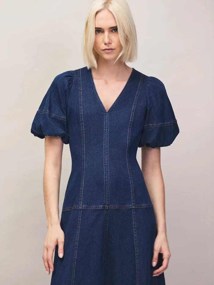 Blue Denim Puff Sleeve Midi Dress