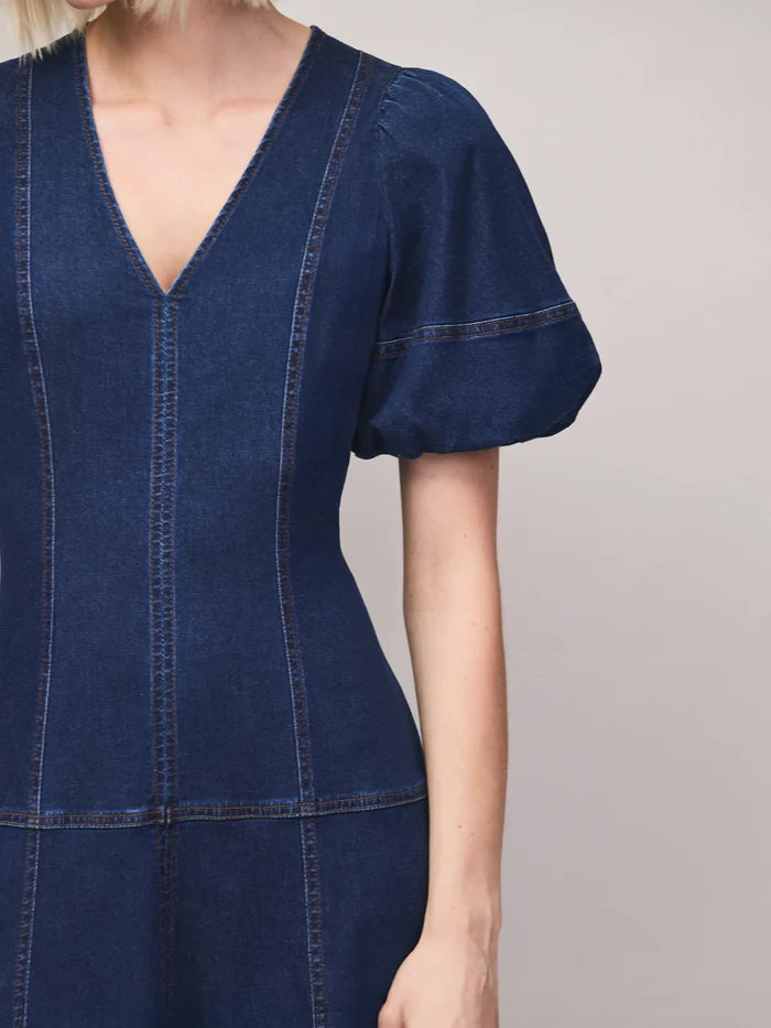 Blue Denim Puff Sleeve Midi Dress
