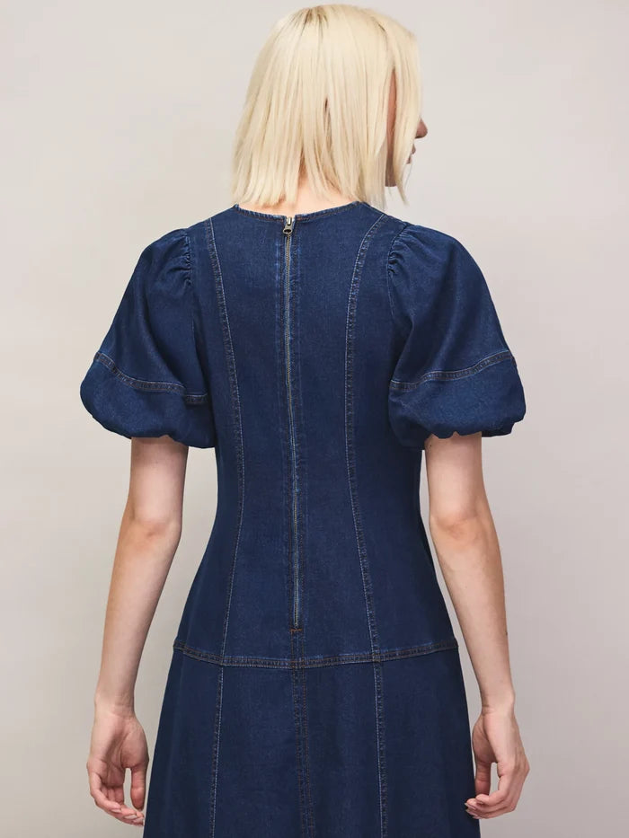 Blue Denim Puff Sleeve Midi Dress