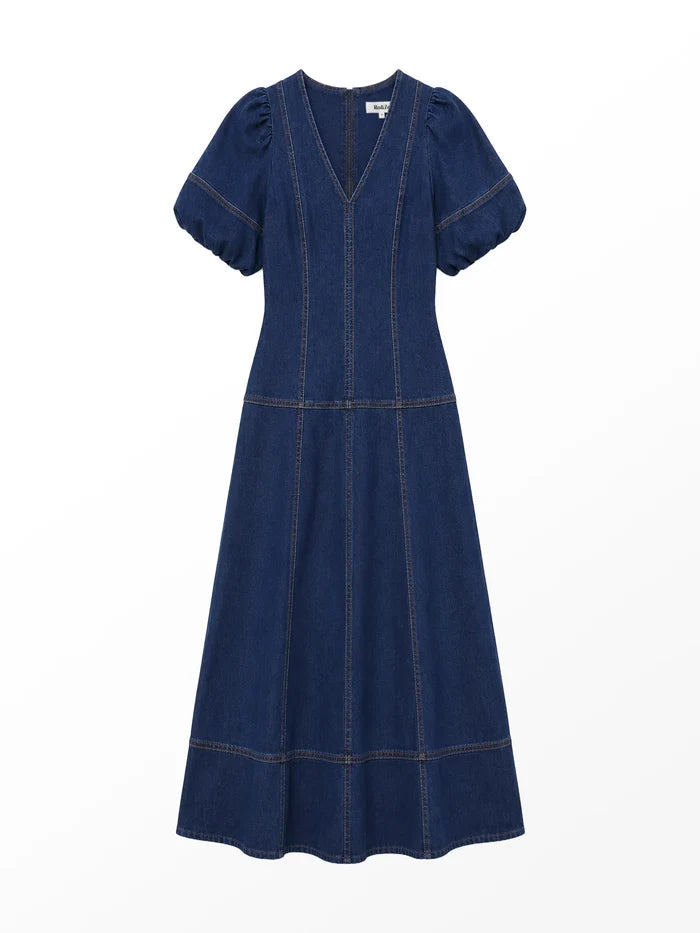 Blue Denim Puff Sleeve Midi Dress