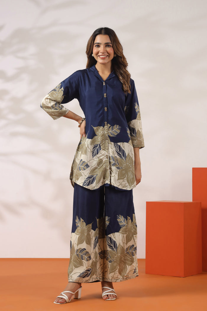 Blue Floral Printed Russian Silk Co-ord Set