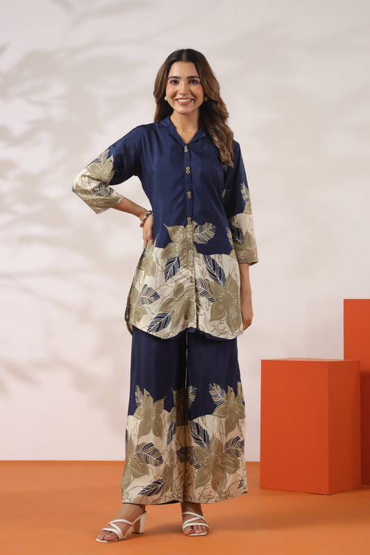 Blue Floral Printed Russian Silk Co-ord Set