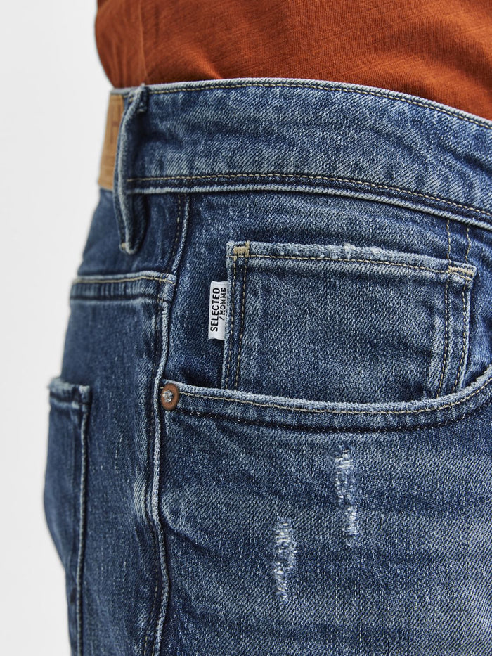Blue Mid Rise Distressed Leon Slim Jeans