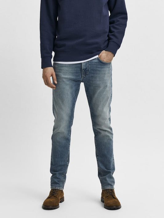 Blue Mid Rise Washed Leon Leo Slim Fit Jeans
