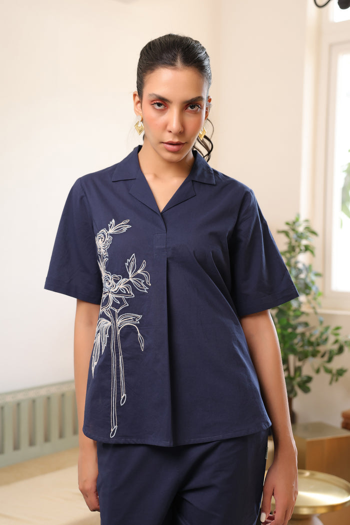 Blue Rosette Charm Embroidered Cotton Co-ord Set
