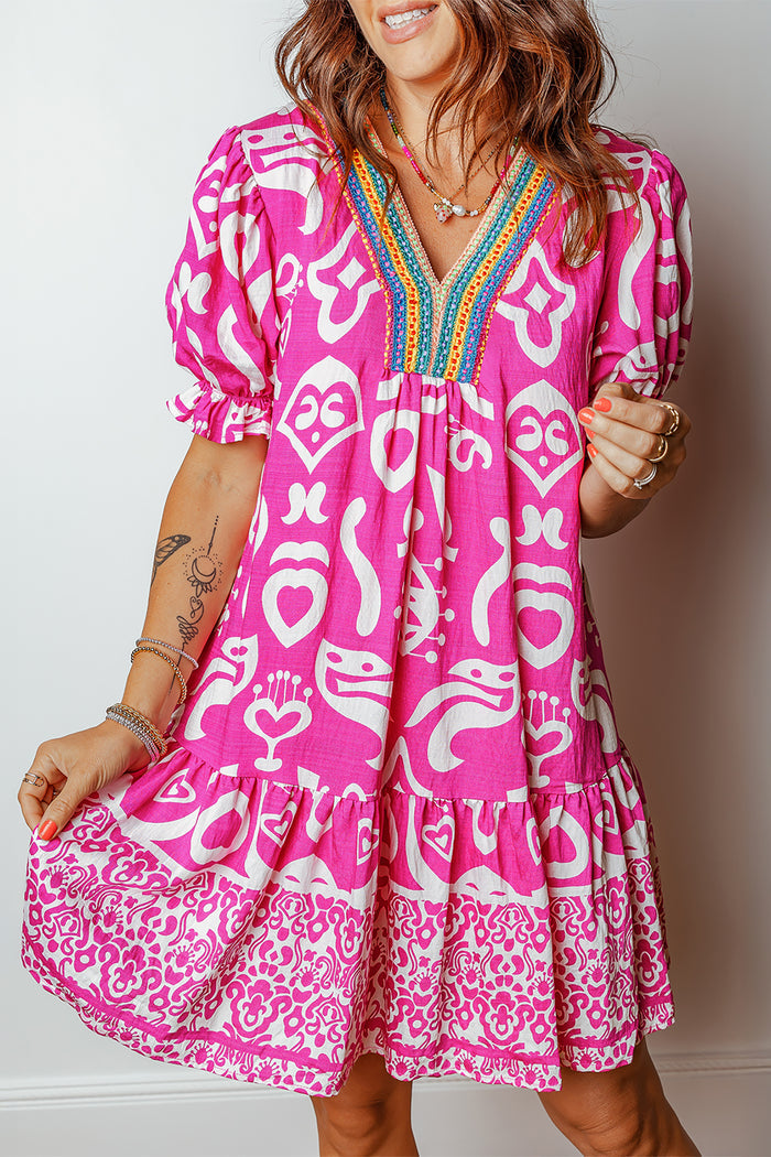 Boho Mixed Print Contrast Trim V Neck Flared Dress – Rose