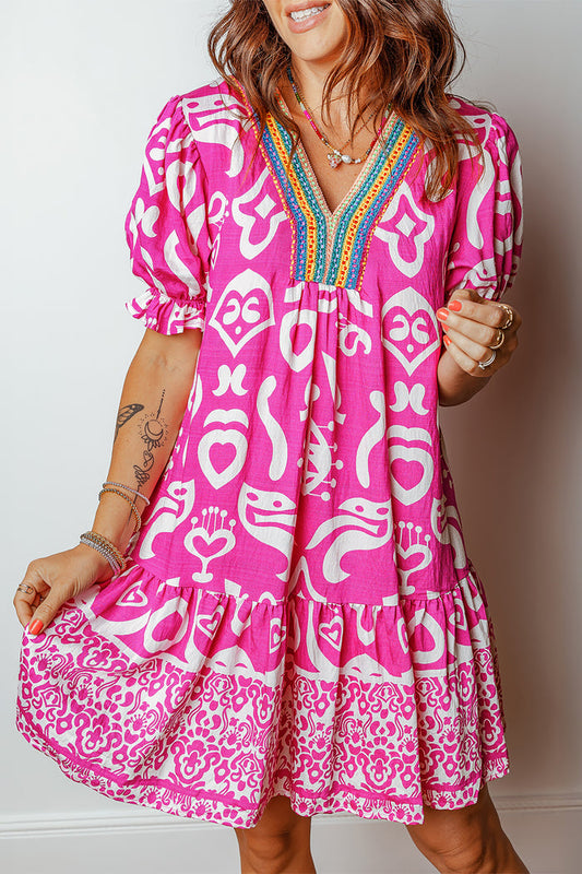Boho Mixed Print Contrast Trim V Neck Flared Dress – Rose